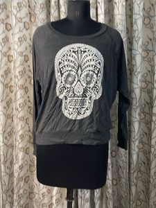 Grey Skull Print Long Sleeve Top