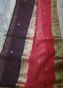 Elegant Gold & Red & Brown Cotton  Benarasi Sari