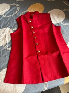 Manyavar Red Nehru Jacket with Gold Buttons