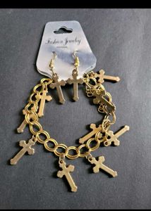 Cross Charm Bracelet and Earrings Set