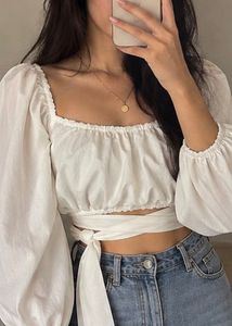 White Ruched Crop Tie-Back Puff Sleeves