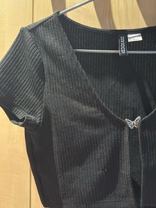 Black Cropped Ribbed Top with Butterfly Detail