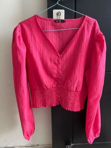 V-Neck Textured Pink Blouse