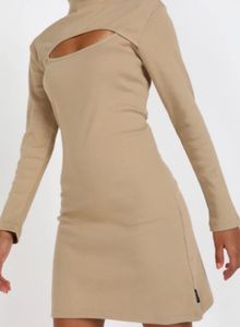 Beige Ribbed Mock Neck Keyhole one piece