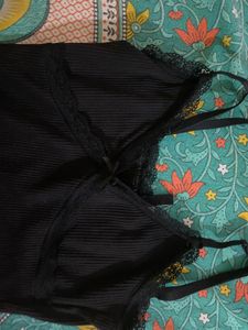 Black Lace Trim Ribbed Slip Dress