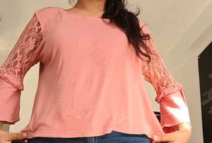 Chic Pink Bell Sleeve Top with Lace Details