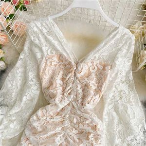 Elegant White Lace Ruched Dress
