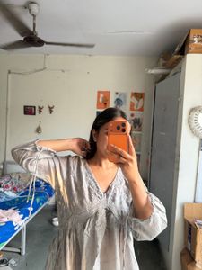 Grey V-Neck Embroidered Kurta