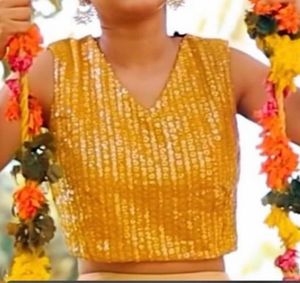 Mustard Sequin V Neck Crop Top