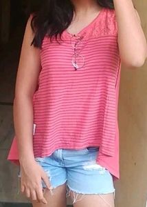 Pink Striped Lace Top