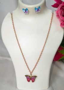Delicate Rose Gold Chain Metal Pink Necklace &amp; Eye