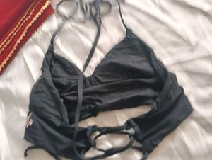 Black Floral Embroidered Bikini Top