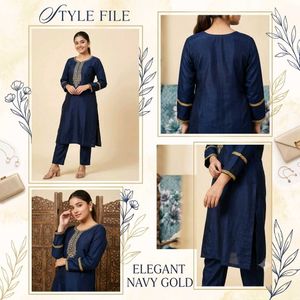 Navy Blue Kurti Set with Golden Embroidery