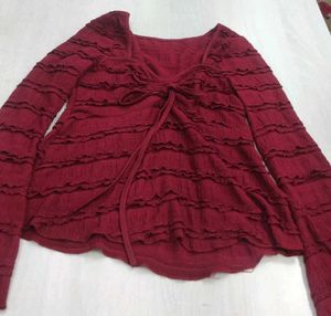Women's Red Ruffled Long Sleeve Top