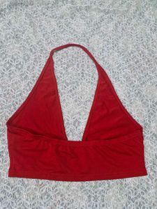 Red Halter Neck Ring Detail Top