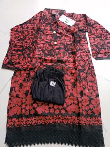 Red Floral Kurta Set with Black Pants