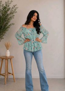 Mint Floral Off-Shoulder Chiffon Peplum Top