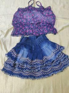 Floral Crop Top &amp; Denim Skirt Set