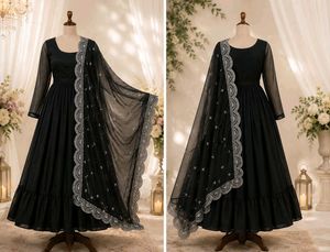 Elegant Black Tiered Kurta Set with Dupatta