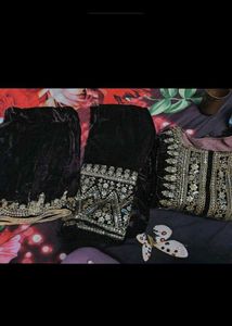 Elegant Brown Velvet Kurta Set with Gold Embroider