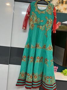Turquoise &amp; Red Embroidered Anarkali Gown