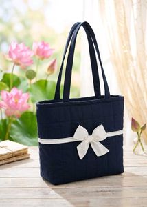Quilted Navy Tote Bag with Bow