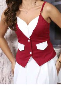 Chic Red & White Button-Up Vest Dress