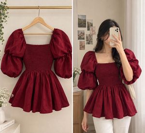 Burgundy Smocked Puff Sleeve Top