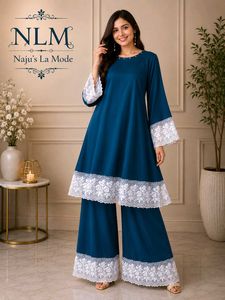 Elegant Teal Kurta and pant  with Lace Trim