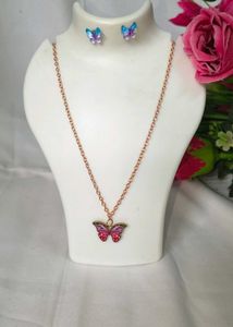Delicate Rose Gold Chain Metal Pink Necklace & Eye