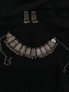 Oxidized Silver Choker Necklace & Earrings Set