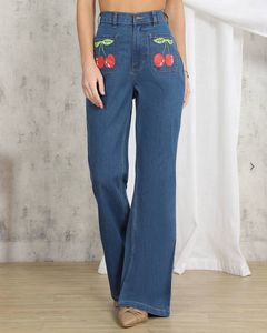 Cute Cherry Embroidered Flared Jeans