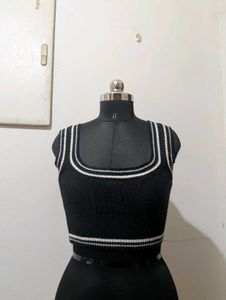 Black &amp; White Striped Knit Crop Top