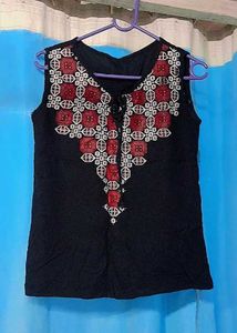 Embroidered Sleeveless Black Top