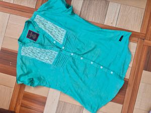 Blue Lace Detail Button-Up Top