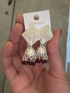 Elegant Jhumka Earrings with Red Beads