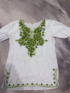 White Kurta with Green Embroidery