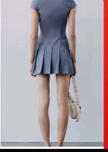 Blue Collared Zip-Up Pleated Dress