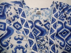 Blue Ikat Print Lace-Up Tunic Top