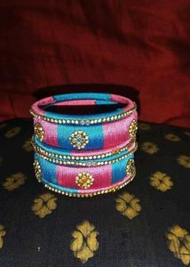 Pink & Blue Silk Thread Bangles (Set of 6)