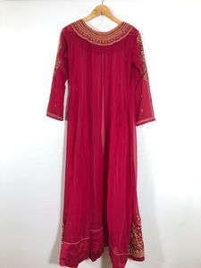 Dark Pink Embroidered Over Coat with Dupatta