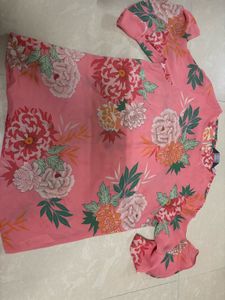 Pink Floral Print Top with Flutter Bell Sleeves -