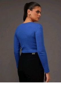 Blue Square Neck Long Sleeve Cropped Top