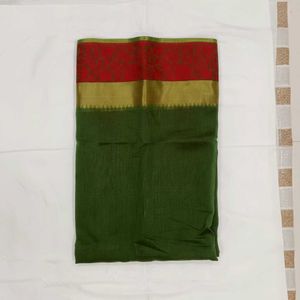 Elegant Green Saree with Red &amp; Gold Border