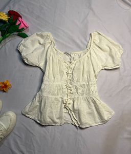 Chic Cream Puff Sleeve Lace-Up Top