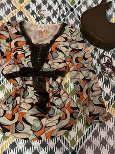 Retro Print Sheer Bell Sleeve Top