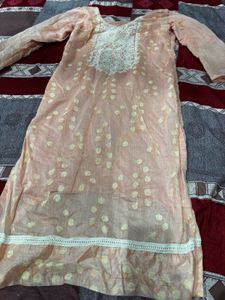 Elegant Peach Kurta set with White Embroidery