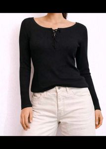 Ribbed Black Long Sleeve Tie Neck Top