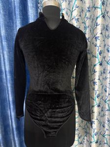 Black Velvet Mock Neck Bodysuit with Finger holes
