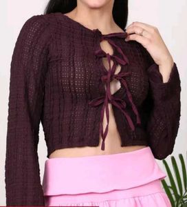 Shein Burgundy Tie-Front Knit Top